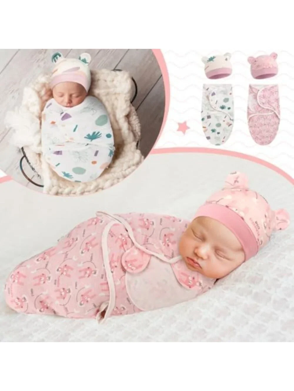 Cozy 4-Pack Swaddle Blankets with Matching Hats for Newborns & Infants